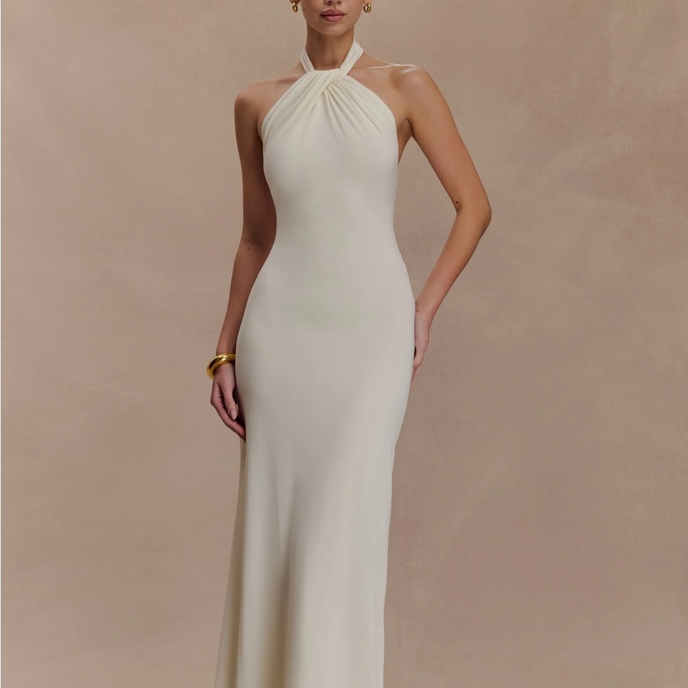 Meshki Cream Strapless Halter Column Gown